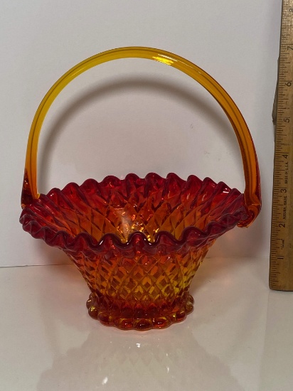 Beautiful Red Orange Glass Basket with Diamond Pattern
