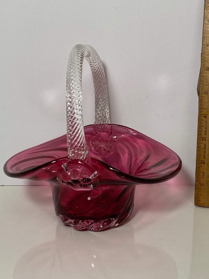 Nice Hand Blown Art Glass Cranberry Basket