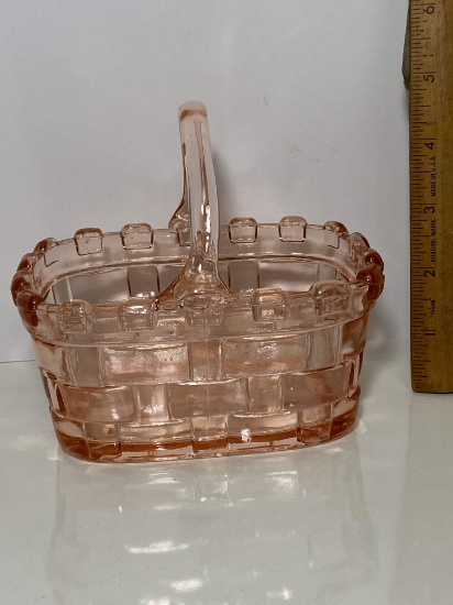 Vintage Pink Depression Glass Woven Basket