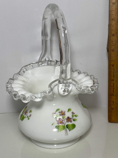 Beautiful White Fenton Glass Floral Basket Hand Painted by Nancy Roberts with Clear Edge & Handle