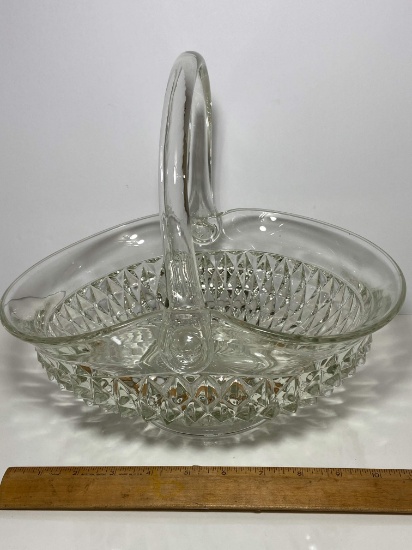 Large Heavy Clear Art Glass Basket Signed “ET” with Diamond Hobnail Pattern