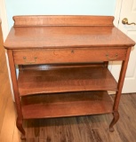 Vintage Tiger Oak Serving Table with Drawer & 2 Shelves