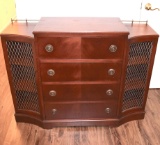 Early Wooden Chest with Drop Down Desk Front & Side Cabinets & Decorative Rail