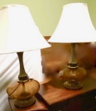Tall Impressive Brass/Bronze Lamps with Large Amber Globes