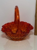 Vintage Bright Orange Glass Basket with Thumbprint Design & Ruffled Edge