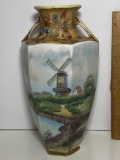 Vintage Hand Painted Tall Nippon Vase with Windmill Scenery