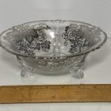 Vintage Silvery City Glass Footed Dish with Silver Overlay Grape Design & Edge