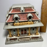 1988 Lefton China Light-up Library Village Library with Cord & Bulb