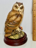 1986 Porcelain “Short-eared Owl” Signed Andrea by Sadek Made in Japan with Wood Base