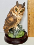 1986 Porcelain “Long Eared Owl” Figurine Signed Andrea by Sadek Made in Japan with Wood Base