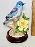 Porcelain Mountain Blue Bird Figurine Signed Andrea by Sadek Made in Japan with Wood Base