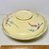 Pretty ‘57 Signed Hull Pottery Lidded Bowl with Wavy Edge & Raised Bird Design