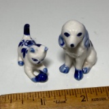 Pair of Adorable Porcelain Blue & White Cat & Dog Figurines