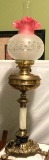 Impressive Brass Converted Oil to Electric Lamp with Ruffled Top Glass Globe & Claw Feet