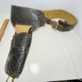 Vintage Hand Tooled Leather Gun Belt with Pistol Holder by Reyes