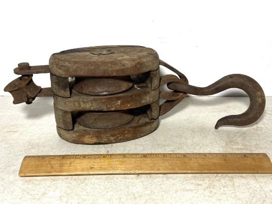 Antique Heavy Wood & Metal Double Pulley