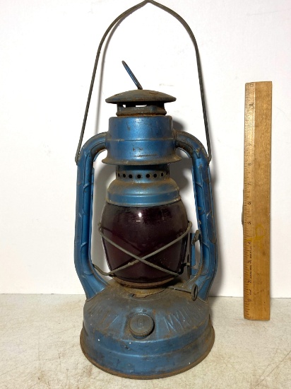 Early Blue Dietz Little Wizard Lantern with Red Glass Globe