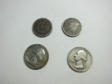 2 Silver Quarters 1951 1952 & 2 V Nickels 1905 & 1908 Worn
