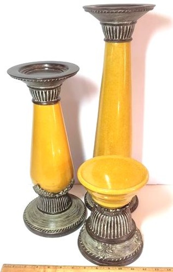 Yellow Crackle Ceramic Candlestick Set of 3