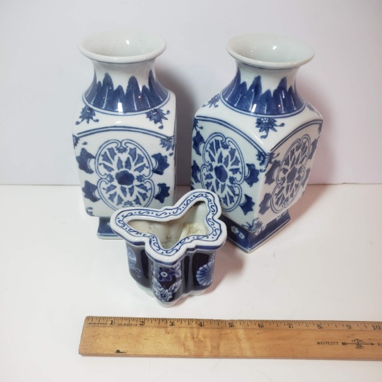 Vintage Blue and White Porcelain Vases Set of 3