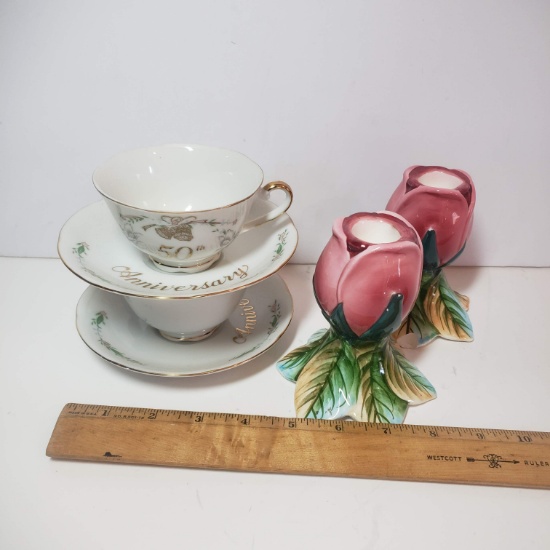 Vintage Lefton 50th Anniversary Teacups and Candle Holders