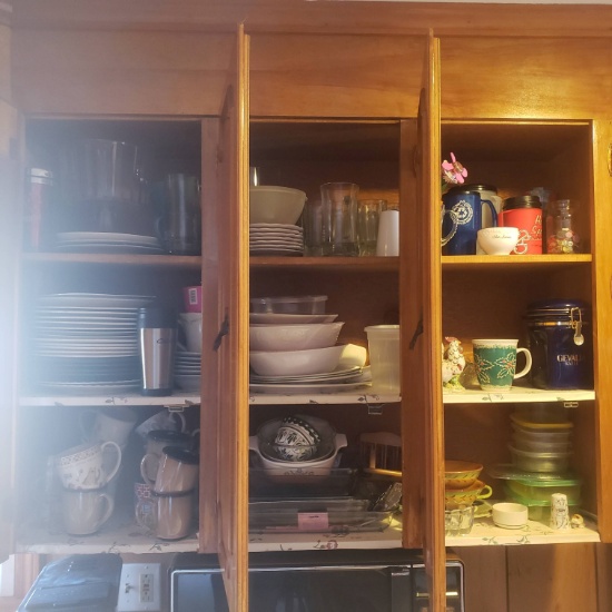 Cabinet Lot Plates Mugs Baking Dishes and More