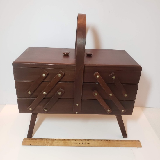 Vintage Wood Sewing Caddy Full of Notions