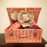 Picnic Basket with Faux Bread, Fruit, and Vegetables
