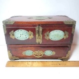 Vintage Asian Musical Jewelry Box with Brass and Jade Tone Accents
