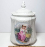 Vintage White Porcelain Woman with Cherub Scene Lidded Biscuit Jar