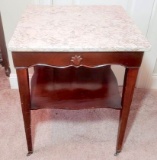 Vintage Wood End Table with Marble Top on Castors