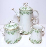Vintage Haviland Limoges Green and White Teapot, Creamer, and Sugar with Gold Trim