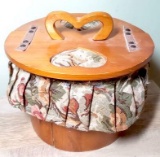 Vintage Wooden Sewing Basket with Tapestry Liner & Hinged Flip Top