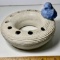 Round Pottery Flower Frog with Blue Bird Signed on Bottom