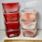 Lot of 7 Red Vintage Pyrex Refrigerator Dishes with 6 Glass Lids