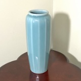 Tall Ribbed Blue Glazed Pottery Vase Signed on Bottom