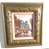 Original Oil Painting of European Town in Nice Carved Wood Frame