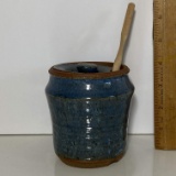 Pottery Honey Jar with Wooden Wand & Stamped on Bottom