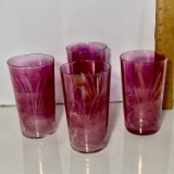 Set of 4 Vintage Cranberry Carnival Glass Tumblers with Lily Pads & Cat Tails
