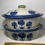 Pair of Lidded Oval Louisville Stoneware Cornflower Casserole Dishes with Lids Made in Kentucky