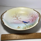 Vintage Hand Painted Meito China Double Handled Bowl with Bird Scene & Gilt Edge