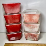 Lot of 7 Red Vintage Pyrex Refrigerator Dishes with 6 Glass Lids