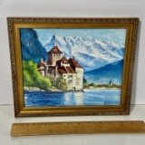 Original Framed Painting of Castle of Chillen Lake Geneva Switzerland