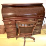 Wooden Roll Top Reproduction Desk with Chair & Key