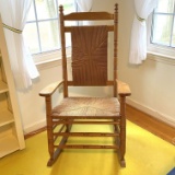 Vintage Wooden Rocking Chair with Rush Seat & Back