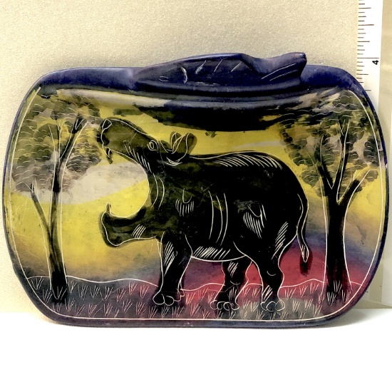 Colorful and Unusual Hand Carved Soapstone Hippo Change Tray