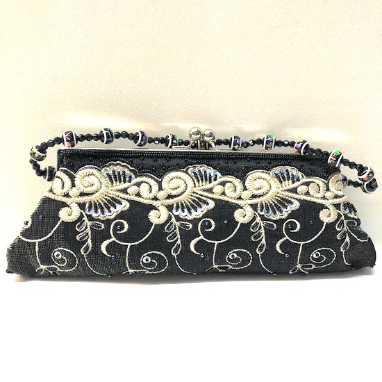 Beautiful Vintage Black & Silver Beaded Purse W/Embroidered Designs