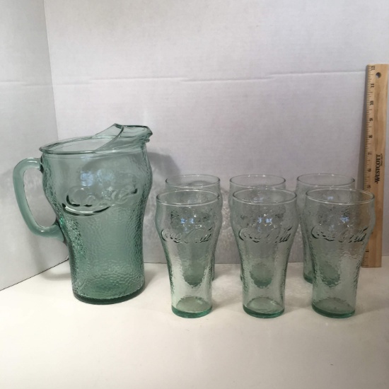 Coca-Cola Green Glass Pitcher and 6 Glasses