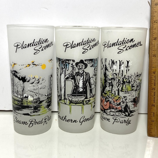 Set of 3 Vintage Frosted “Plantation Scenes” Tall Tumblers by Libbey