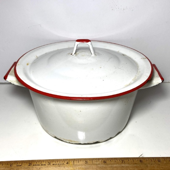 Vintage White Enamel Lidded Pot with Red Accent